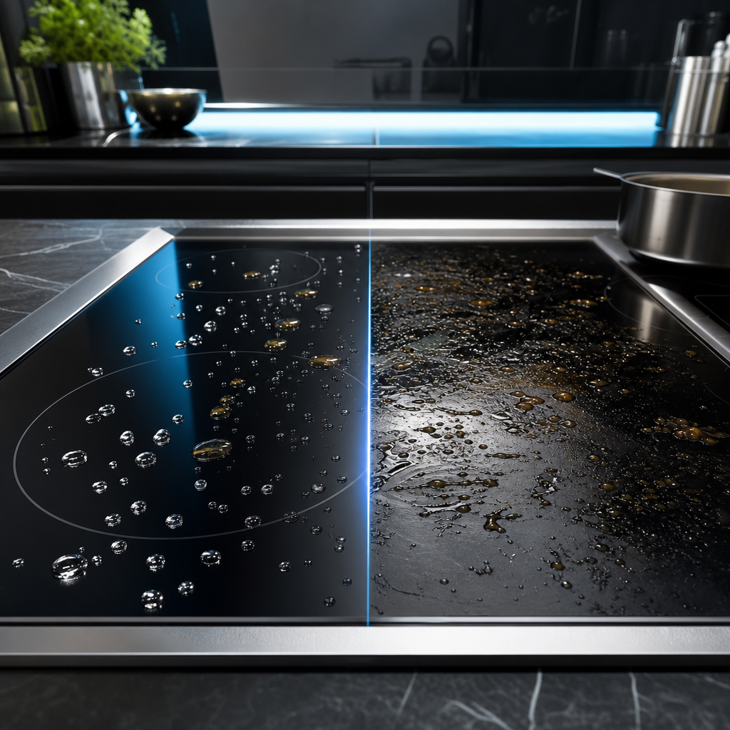 Plaque de cuisson induction protégée par nanotechnologie repoussant les éclaboussures de graisse