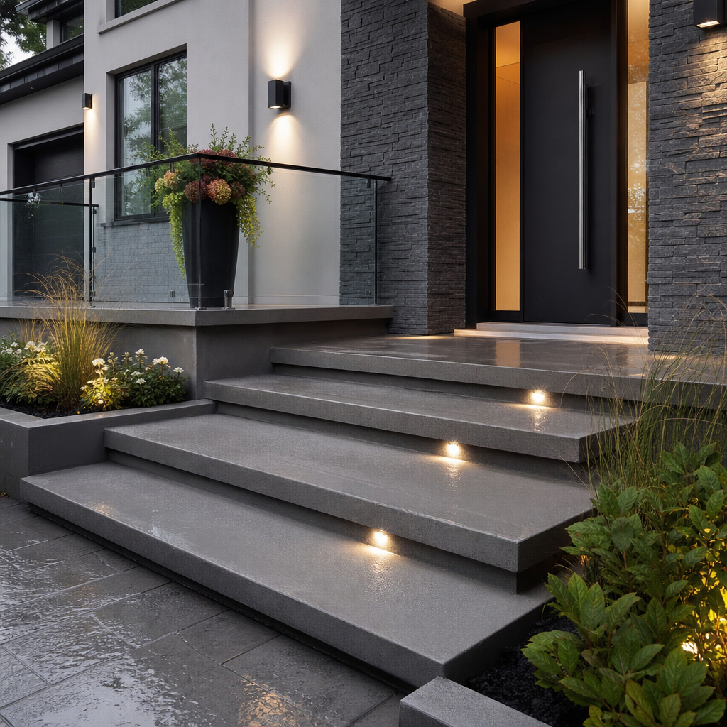 Entrée résidentielle avec marches, escalier et balcon terrasse en béton